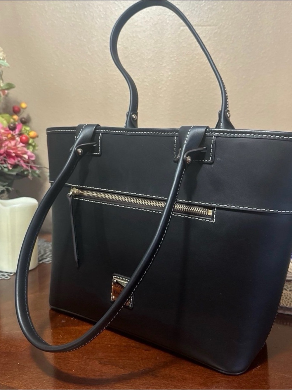 Dooney & Bourke Black Leather Tote with White Stitching